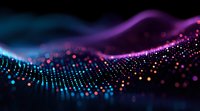 Abstract digital wave of glowing particles in blue and purple colors on black background, creating futuristic technology visualization.