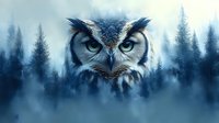 Intense close-up of great horned owl face emerging from misty forest background, fierce yellow eyes and detailed feathers against blue atmospheric pine trees.