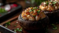 Grilled portobello mushroom caps stuffed with seasoned shrimp and fresh herbs, served on rustic wooden board in moody lighting, garnished with chopped parsley.