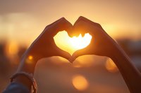 Hands forming heart shape silhouette against golden sunset sky with warm bokeh lights creating romantic atmosphere for love and connection concepts.