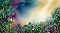 Watercolor floral border with gold ornamental flourishes, featuring purple, teal, and cream blended background. Isolated design element for invitations and decorative projects.