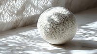 White textured sphere with delicate crackled pattern casting soft shadows on light surface, artistic minimalist composition for modern interior design and decor.