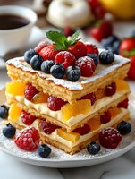Layered puff pastry dessert with fresh berries, orange segments and cream filling, dusted with powdered sugar on white plate, close up view for food photography.