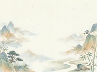 Serene mountain landscape with misty peaks, winding river, and bamboo vegetation in soft watercolor style, suitable for backgrounds and Asian-inspired designs.