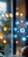 Glowing smart home automation icons with connected IoT devices floating over blurred bokeh background, showcasing modern digital home technology and wireless connectivity.