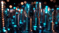 Glowing blue particles trapped in vintage light bulbs with metal coils create magical atmosphere against dark background with bokeh lights and reflections.