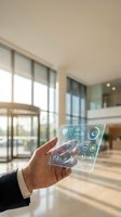 Businessman hand holding transparent digital tablet displaying data analytics dashboard in modern office interior with smart home automation interface.