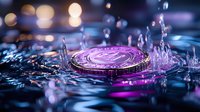 Glowing cryptocurrency coin with water drops and splash effect in purple and blue neon lighting, creating dramatic macro photography composition with bokeh background.
