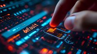 Finger pressing illuminated default button on digital control panel with glowing blue and orange lights, closeup view of electronic interface technology.
