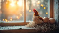 Brown hen sitting on straw nest by window with eggs at sunrise, soft bokeh lights in background create cozy farmhouse atmosphere. Natural poultry scene.