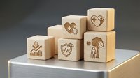 Wooden blocks with insurance icons stacked in pyramid formation showing family protection, health coverage, and financial security symbols on modern surface.