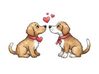 Two adorable cartoon puppies with red collars sitting face to face with floating hearts above them on white background for romantic designs.