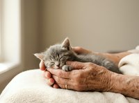 Senior man with wrinkled hands holding gray tabby kitten on lap. Tender moment between elderly person and young cat, conveying warmth, companionship and pet care.