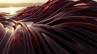 Abstract flowing burgundy ribbons with metallic sheen creating dynamic waves against warm golden background for modern design projects.