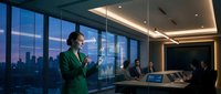 Professional businesswoman in green suit presenting financial data in modern corporate boardroom with city skyline view during evening meeting.