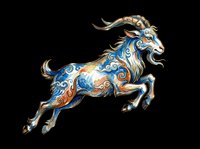 Decorative goat with ornate blue and gold patterns, isolated on transparent background. Ready for t-shirts, stickers, clipart, sublimation, and print-on-demand designs.