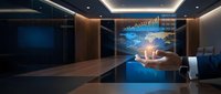Businessman holding glowing digital globe with financial charts in modern office conference room with wooden table and blue ambient lighting for business technology concepts.