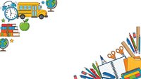School supplies and education icons arranged on white background, including yellow bus, clock, globe, books, apple, pencils, scissors, and markers for learning and classroom design projects.