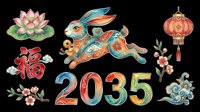 Colorful lunar new year 2035 rabbit zodiac clipart set, isolated on transparent background, ready for stickers, sublimation, t-shirt design, and print on demand.