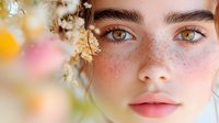 Close-up portrait of young woman with freckles and amber eyes surrounded by dried flowers, creating soft dreamy atmosphere with natural beauty focus.