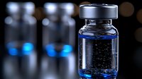 Medical vials with blue glowing liquid on dark background, pharmaceutical research concept with glass bottles containing luminescent substance.