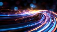 Dynamic light trails curve along dark background with glowing blue and pink streaks creating futuristic motion effect, bokeh particles add depth and atmosphere.