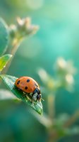 Orange ladybug with black spots resting on green leaf in soft focus natural garden environment with blurred turquoise background for spring nature designs.
