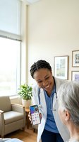 Female African American healthcare professional in white coat and stethoscope showing mobile health app to senior patient during medical consultation in bright clinic office.