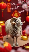 Ram with curved horns standing among red lanterns, gold ingots and cherry blossoms for lunar new year celebration and zodiac festival decorations.