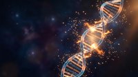 Glowing DNA double helix structure with golden light particles against dark cosmic background for genetics research and biotechnology concepts.