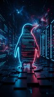 Futuristic penguin silhouette made of glowing code in cyberpunk data center with neon lights and digital matrix background for tech concepts.