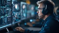 Caucasian male IT specialist with headset monitoring multiple screens in dark server room, working on cybersecurity or system administration.