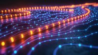 Glowing network of orange and blue light paths creating futuristic digital landscape with illuminated connections on dark background.