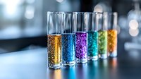 Colorful glitter particles suspended in clear liquid inside glass test tubes arranged in row, creating vibrant laboratory display with bokeh background effect.