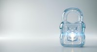 Clear transparent padlock with hourglass inside on white background, symbolizing time security and deadline management for business concepts.