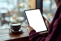 Woman holding tablet with blank white screen at cafe table with coffee cup, mockup for app presentation and digital content display.