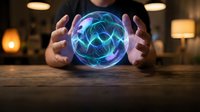 Hands holding glowing neon sphere with electric blue and purple energy waves, futuristic technology concept for innovation, artificial intelligence, and digital transformation projects.