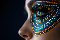 Close-up of green eye with creative blue and orange dot face paint design around eye area on dark background, artistic makeup for carnival and festivals.