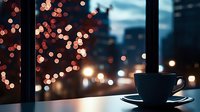 Steaming coffee cup silhouette against evening city window with blurred bokeh lights creating cozy atmosphere. For lifestyle and urban photography.