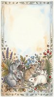 Watercolor frame with cute mice family among wildflowers and botanical elements on textured paper background for greeting cards and stationery design.