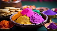 Vibrant colorful powder pigments in traditional bowls featuring bright pink, yellow, purple, and orange hues against dark background, selective focus on powdered dyes.