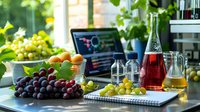 Fresh grapes, citrus fruits and glass bottles with colorful drinks on wooden table near window with laptop displaying business analytics data.