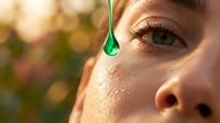 Green serum drop falling near woman's eye during skincare routine with natural bokeh background for beauty and wellness concepts.