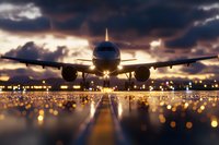 Commercial airplane landing on illuminated runway at sunset with dramatic cloudy sky and airport lights creating bokeh effect on wet pavement.