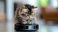 Curious Maine Coon kitten exploring robotic vacuum cleaner, fluffy brown tabby cat sitting on automated home device against blurred interior background.