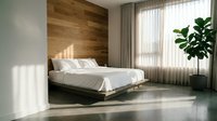 Modern bedroom with wooden accent wall, platform bed with white linens, floor-to-ceiling windows with sheer curtains, potted plant, and polished concrete flooring for contemporary interior design.