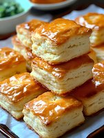 Golden flaky puff pastry squares with glossy glaze stacked on plate, homemade bakery treats for breakfast brunch dessert menu culinary food photography.