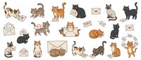 Cute cartoon cats in various poses with mail envelopes on white background. Perfect for pet communication, postal service designs, stickers, and clipart.