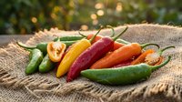 Colorful fresh chili peppers on rustic burlap sack with warm bokeh background. Spicy hot peppers in red, yellow, orange and green for cooking and seasoning.