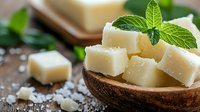Fresh organic butter cubes in wooden bowl with mint leaves on rustic table. Natural dairy product for cooking and baking recipes.